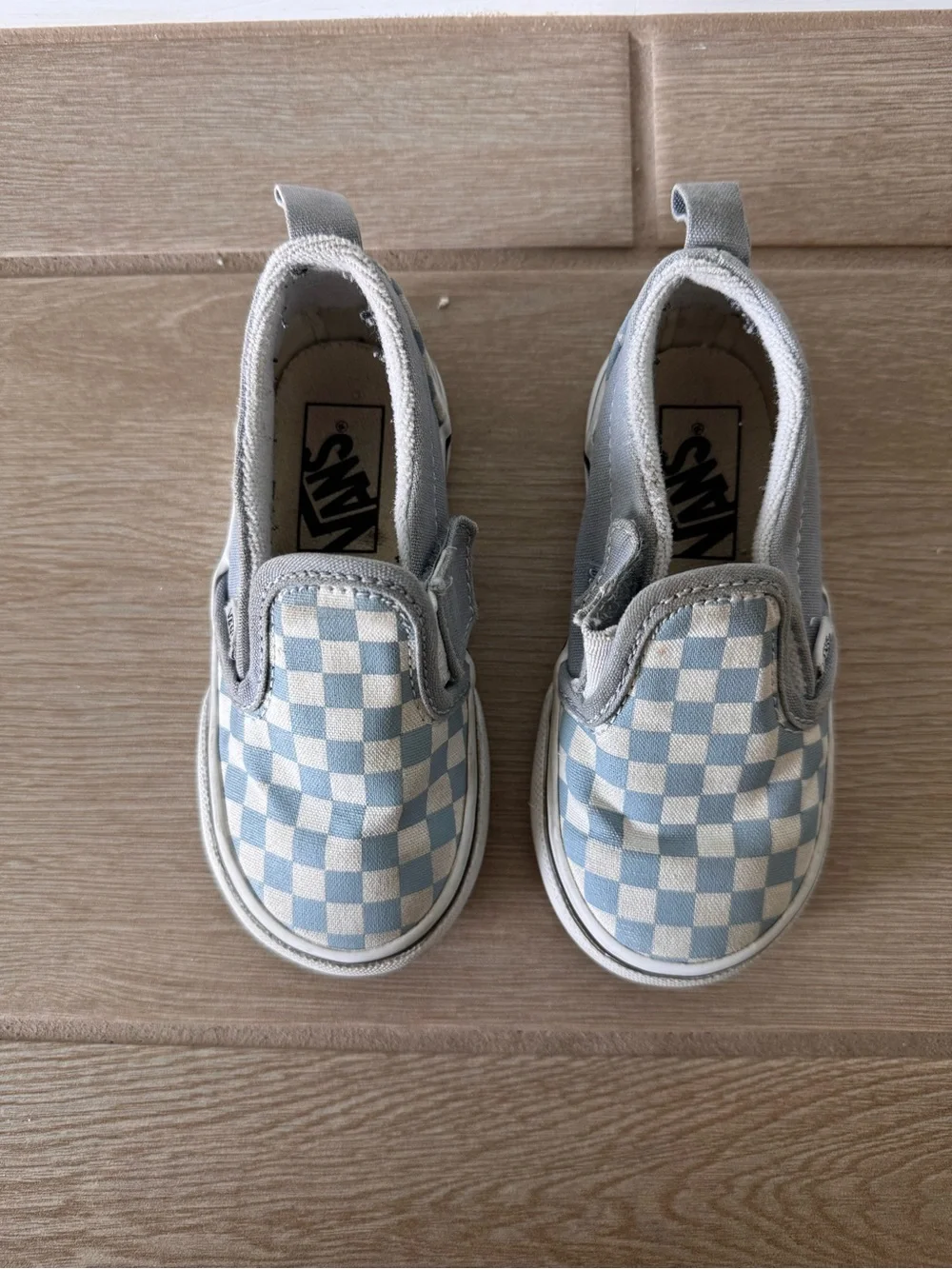 Vans Toddler Slip-On Checkerboard Sneakers in Light Blue and White